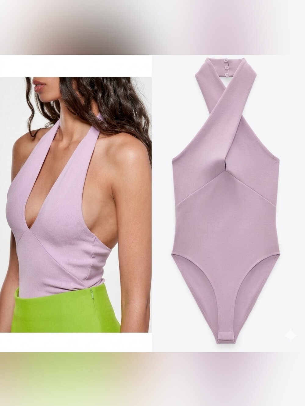 ZARA NWT Lilac Halter Cross-Over Bodysuit Size M | 2-Way Style